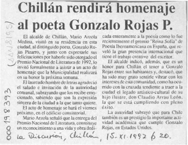 Chillán rendirá homenaje al poeta Gonzalo Rojas P.  [artículo].