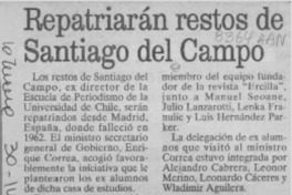 Repatriaraán restos de Santiago del Campo  [artículo].