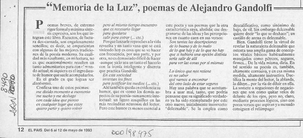 "Memoria de la luz", poemas de Alejandro Gandolfi  [artículo] Carlos Iturra.