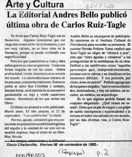 La Editorial Andrés Bello publicó última obra de Carlos Ruiz Tagle  [artículo].
