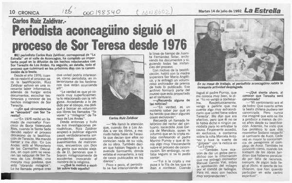 Periodista aconcagüino siguió el proceso de Sor Teresa desde 1976  [artículo].
