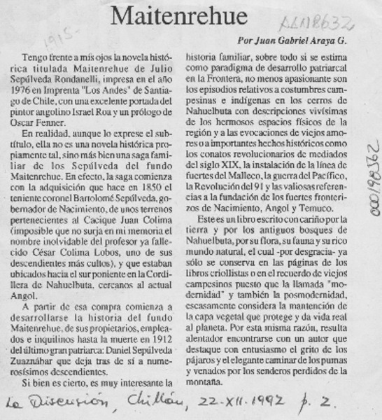 Maitenrehue  [artículo] Juan Gabriel Araya G.