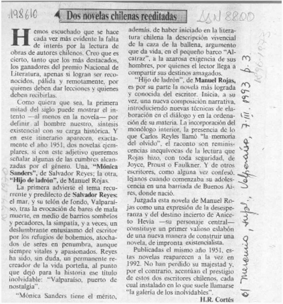 Dos novelas chilenas reeditadas  [artículo] H. R. Cortés.