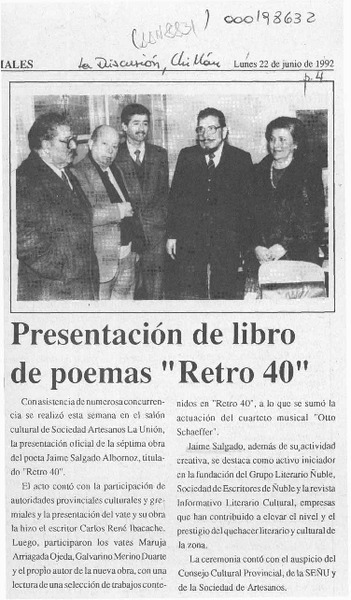 Presentación de libro de poemas "Retro 40"  [artículo].