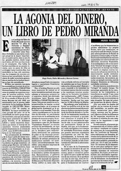 La agonía del dinero, un libro de Pedro Miranda  [artículo] Hugo Fazio.