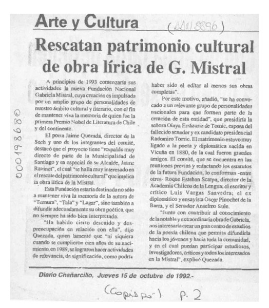 Rescatan patrimonio cultural de obra lírica de G. Mistral  [artículo].