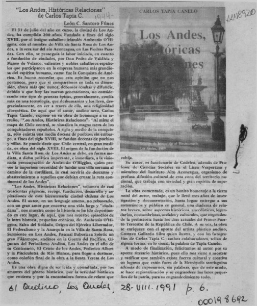 "Los Andes, históricas relaciones" de Carlos Tapia C.  [artículo] León C. Santoro Fúnes.