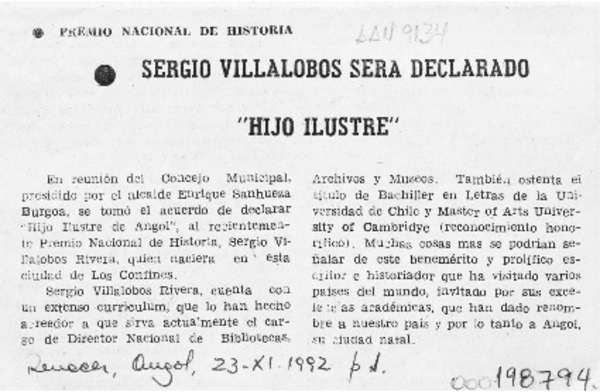 Sergio Villalobos será declarado "Hijo Ilustre"  [artículo].
