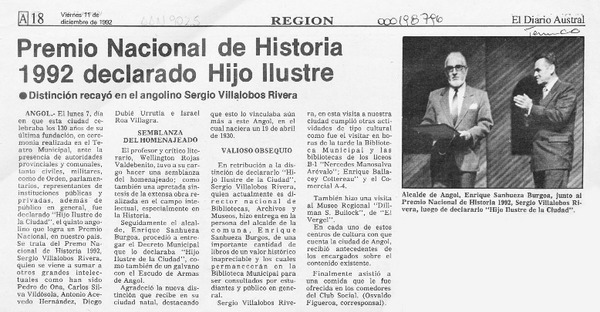 Premio Nacional de Historia 1992 "Hijo Ilustre de la ciudad"  [artículo].