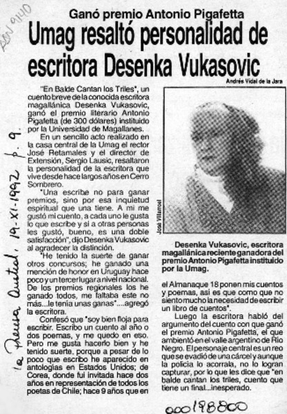 Umag resaltó personalidad de escritora Desenka Vukasovic  [artículo].