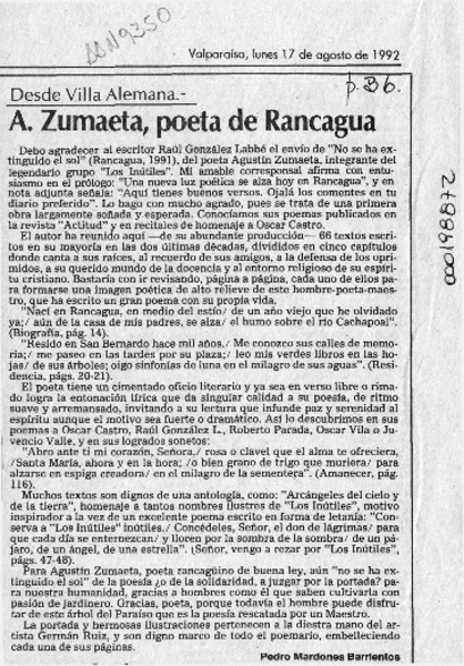 A. Zumaeta, poeta de Rancagua  [artículo] Pedro Mardones Barrientos.