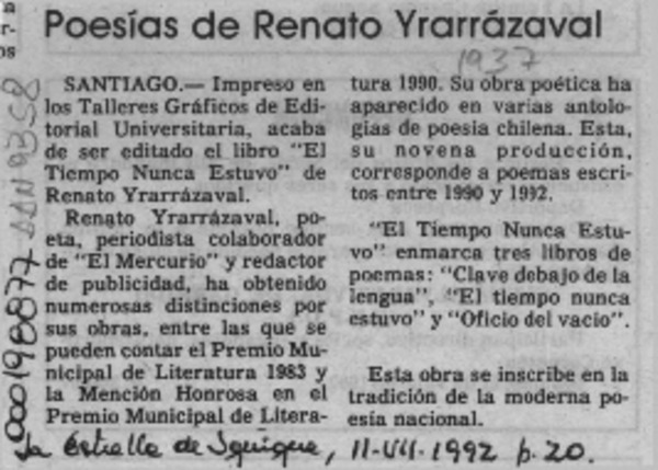 Poesías de Renato Yrarrázaval  [artículo].