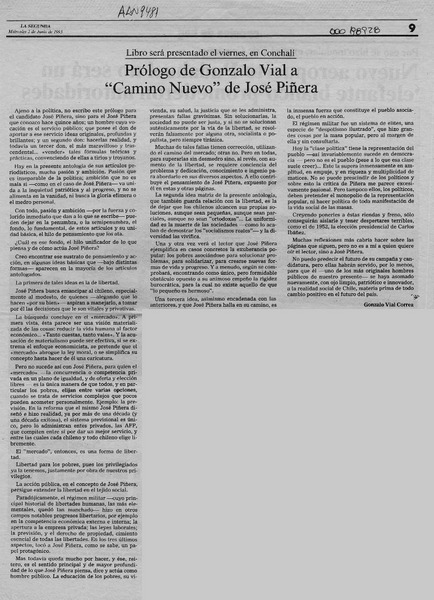 Prólogo de Gonzalo Vial a "Camino nuevo" de José Piñera  [artículo] Gonzalo Vial Correa.