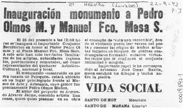 Inauguración monumento a Pedro Olmos M. y Manuel Fco. Mesa S.  [artículo].