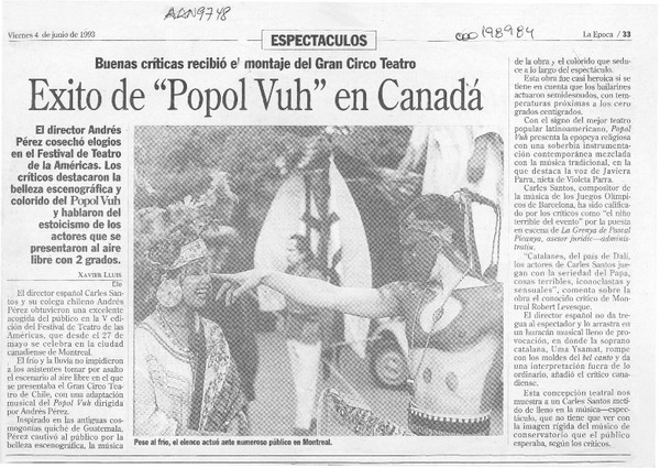 Exito de "Popol vuh" en Canadá  [artículo] Xavier Lluis.
