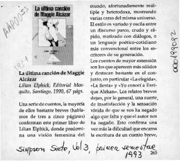 La última canción de Maggie Alcázar  [artículo] Diego Muñoz Valenzuela.