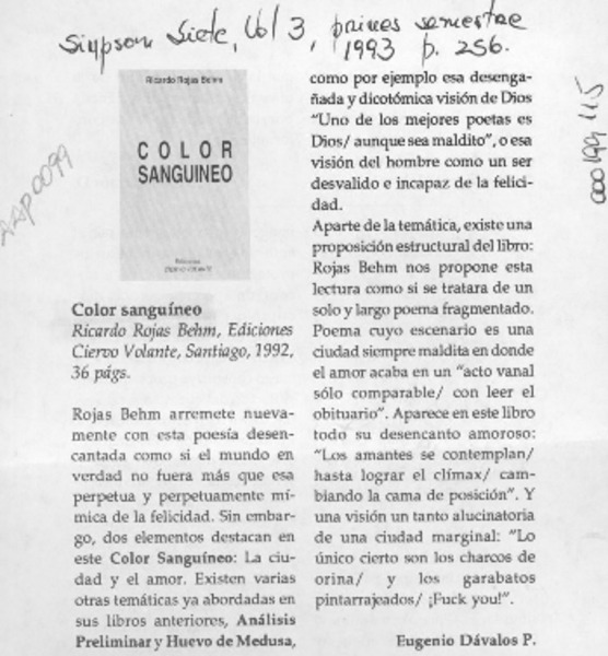 Color sanguíneo  [artículo] Eugenio Dávalos P.