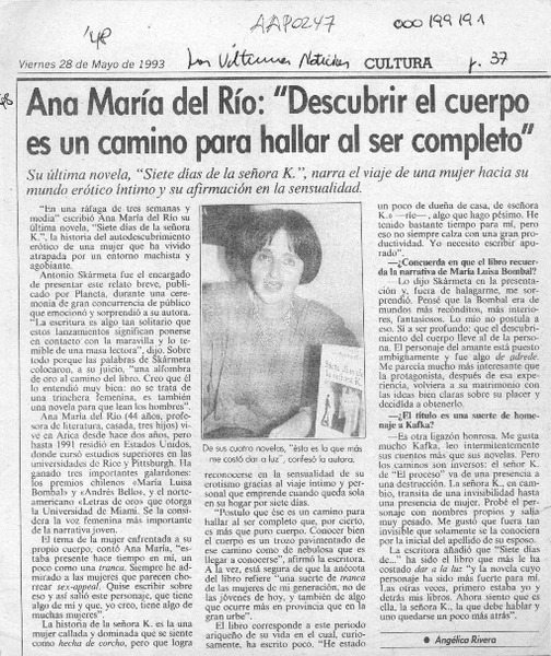 Ana María del Río, "Descubrir el cuerpo es un camino para hallar al ser completo"  [artículo] Angélica Rivera.