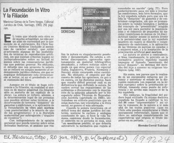 La fecundación in vitro y la filiación  [artículo] Hernán Corral Talciani.