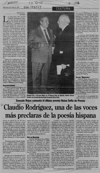 Claudio Rodríguez, una de las voces más preclaras de la poesía histapana  [artículo] Oscar Vega.