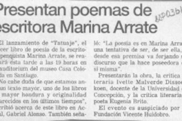Presentan poema de escritora Marina Arrate  [artículo].