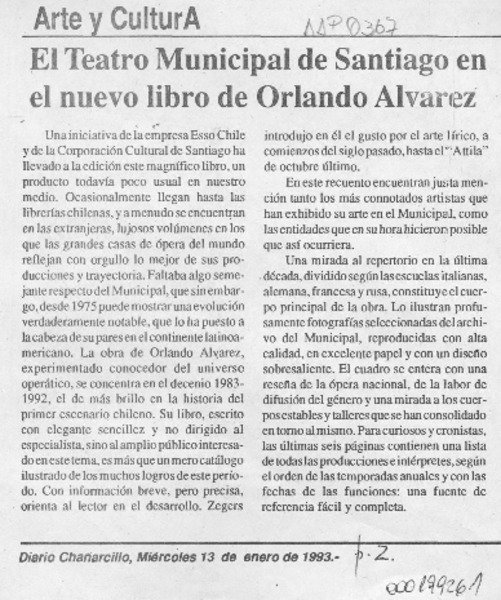 El Teatro Municipal de Santiago en el nuevo libro de Orlando Alvarez  [artículo].