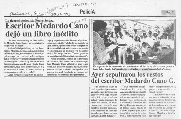 Escritor Medardo Cano dejó un libro inédito  [artículo].