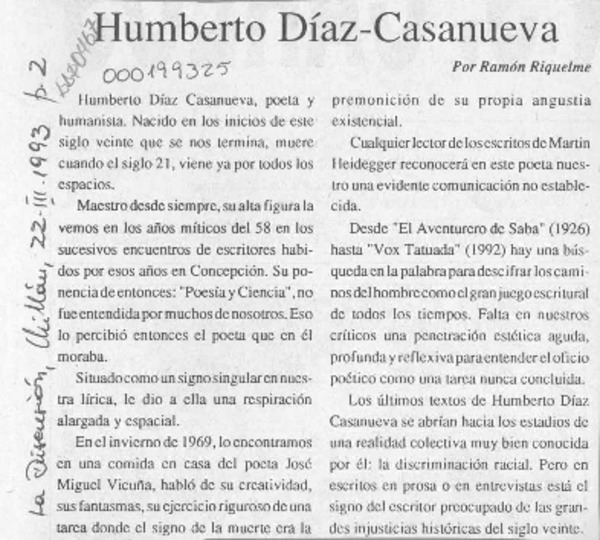 Humberto Díaz Casanueva  [artículo] Ramón Riquelme.