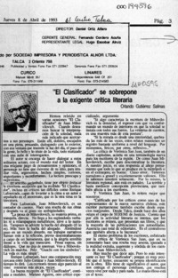 "El clasificador" se sobrepone a la exigente crítica literaria  [artículo] Orlando Gutiérrez Salinas.