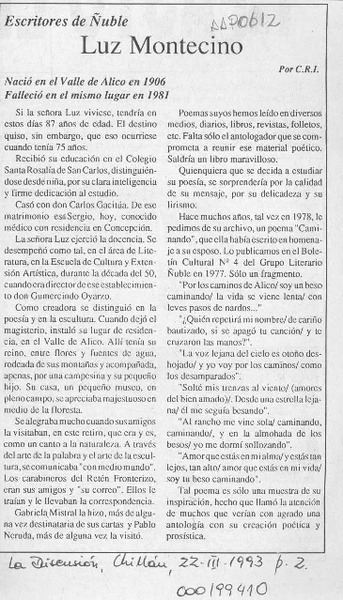 Luz Montecino  [artículo] C. R. I.