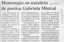 Homenajes en natalicio de poetisa Gabriela Mistral  [artículo].