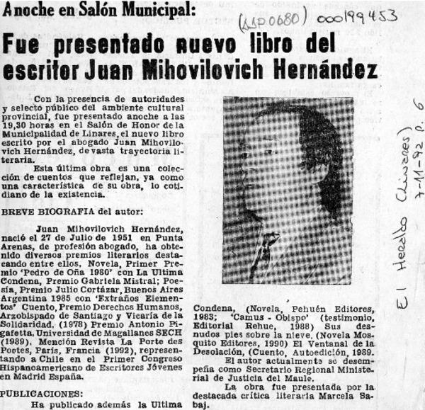 Fue presentado nuevo libro del escritor Juan Mihovilovic Hernández  [artículo].