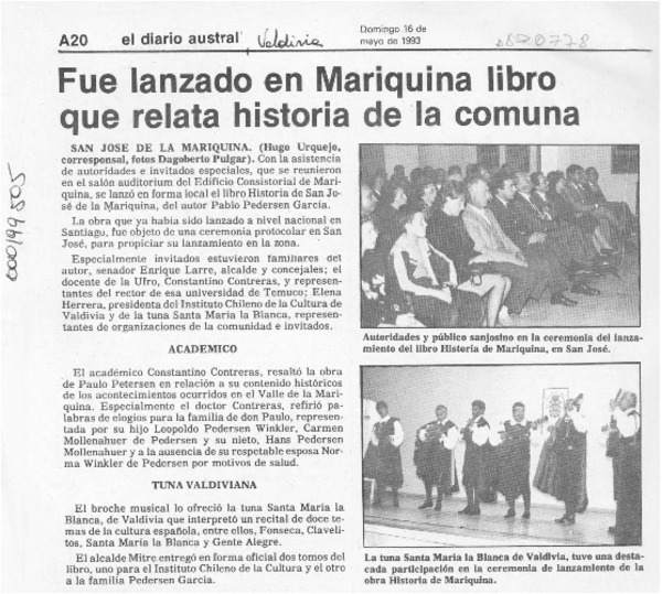 Fue lanzado en Mariquina libro que relata historia de la comuna  [artículo] Hugo Urquejo.