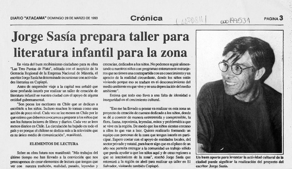 Jorge Sasía prepara taller para literatura infantil para la zona  [artículo].