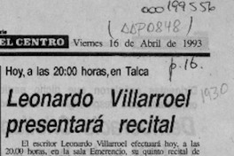 Leonardo Villarroel presentará recital  [artículo].