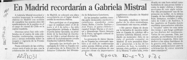 En Madrid recordarán a Gabriela Mistral  [artículo].
