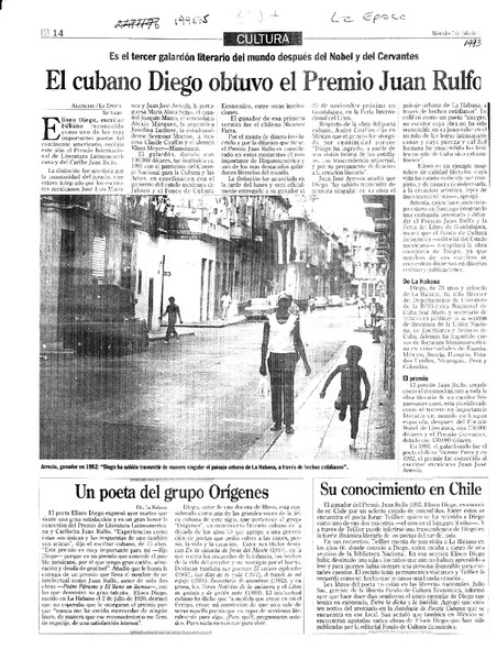 El Cubano Diego obtuvo el Premio Juan Rulfo  [artículo].