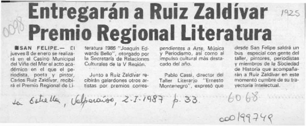 Entregarán a Ruiz Zaldívar Premio Regional de Literatura  [artículo].
