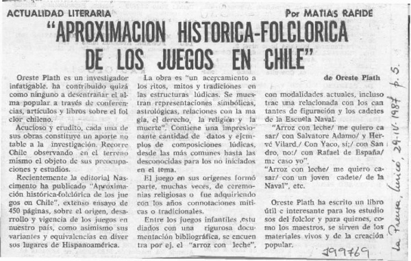 "Aproximación histórica-folklórica de los juegos en Chile"  [artículo] Matías Rafide.