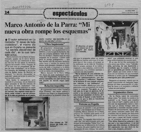 Marco Antonio de la Parra "mi nueva obra rompe los esquemas"  [artículo].