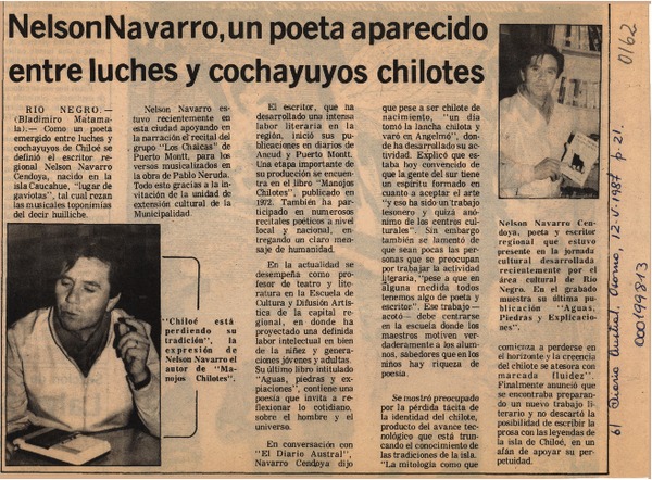 Nelson Navarro, un poeta aparecido entre luches y cochayuyos chilotes  [artículo] Bladimiro Matamala.
