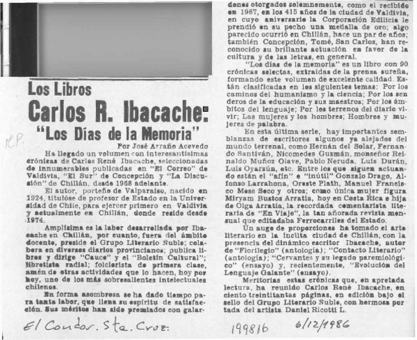 Carlos R. Ibacache, "Los días de la memoria"  [artículo] José Arraño Acevedo.