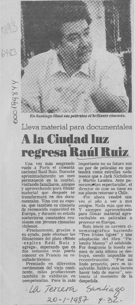 A la ciudad luz regresa Raúl Ruiz  [artículo].