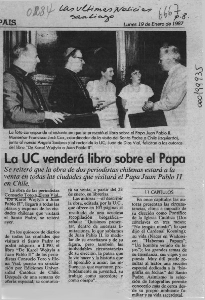 La UC venderá libro sobre el Papa  [artículo].
