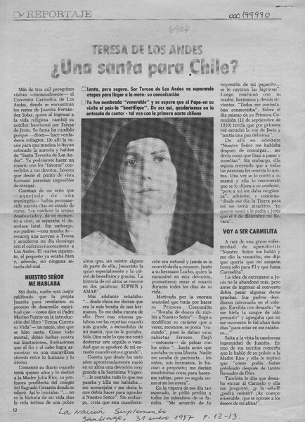 Teresa de los Andes, una santa para Chile?  [artículo] Beatriz Berger.