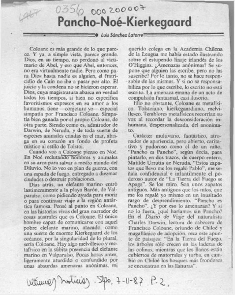 Pancho-Noé-Kierkegaard  [artículo] Luis Sánchez Latorre.