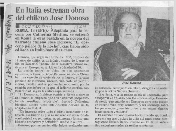 En Italia estrenan obra del chileno José Donoso  [artículo].