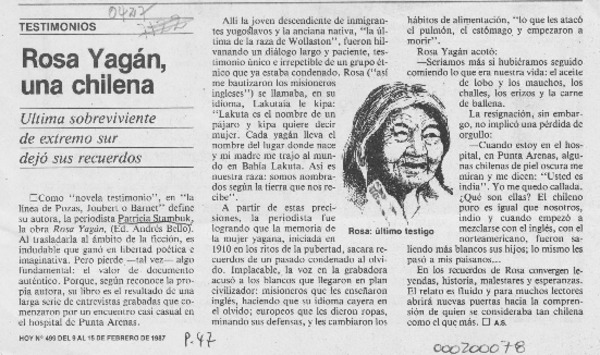 Rosa Yagán, una chilena  [artículo] A. S.