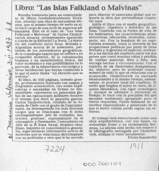 Libro, "Las Islas Falkland o Malvinas"  [artículo] Efraín Szmulewicz.