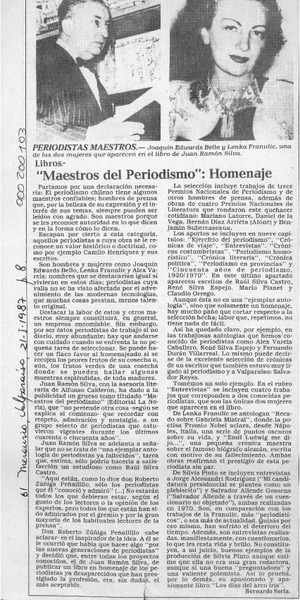 "Maestros del periodismo", homenaje  [artículo] Bernardo Soria.